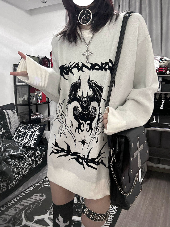 Punk Sweater White Bat Embroidered Sweater 39788:640196