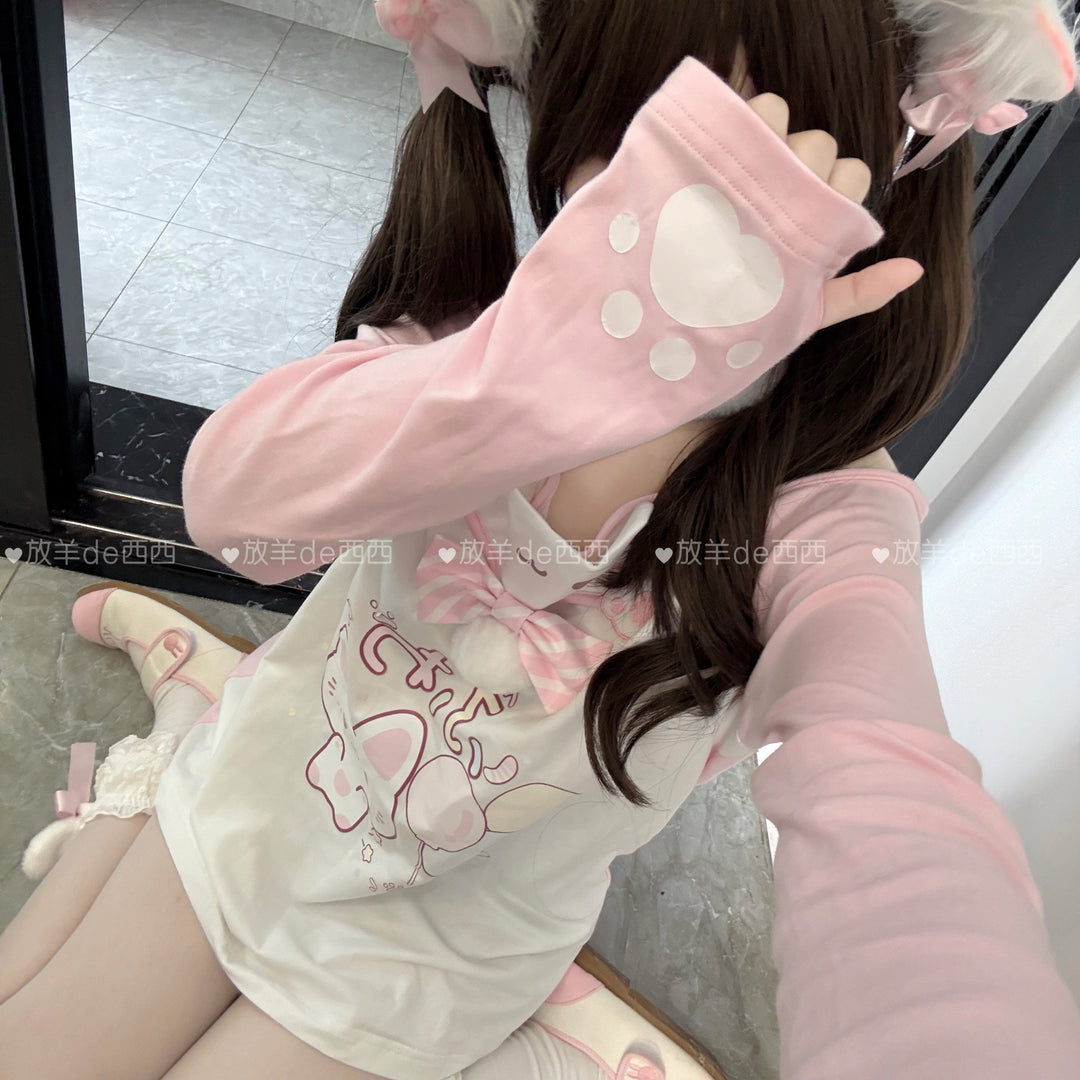 Kawaii Cat-Print Cotton Skirt Off-Shoulder Top with Choker 42812:754159