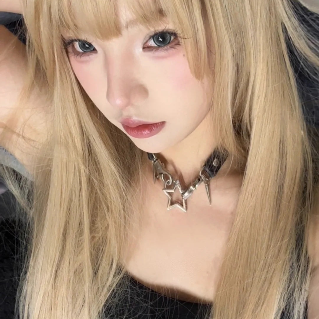 Jirai Kei Necklace Metallic Bone Star Pendant PU Punk Choker 42684:749347