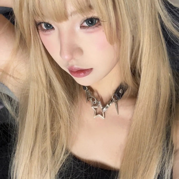 Jirai Kei Necklace Metallic Bone Star Pendant PU Punk Choker 42684:749347