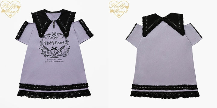 Cotton Sub Jirai Kei T-Shirt Dress, Pointed Collar, Open Shoulder 43373:774850