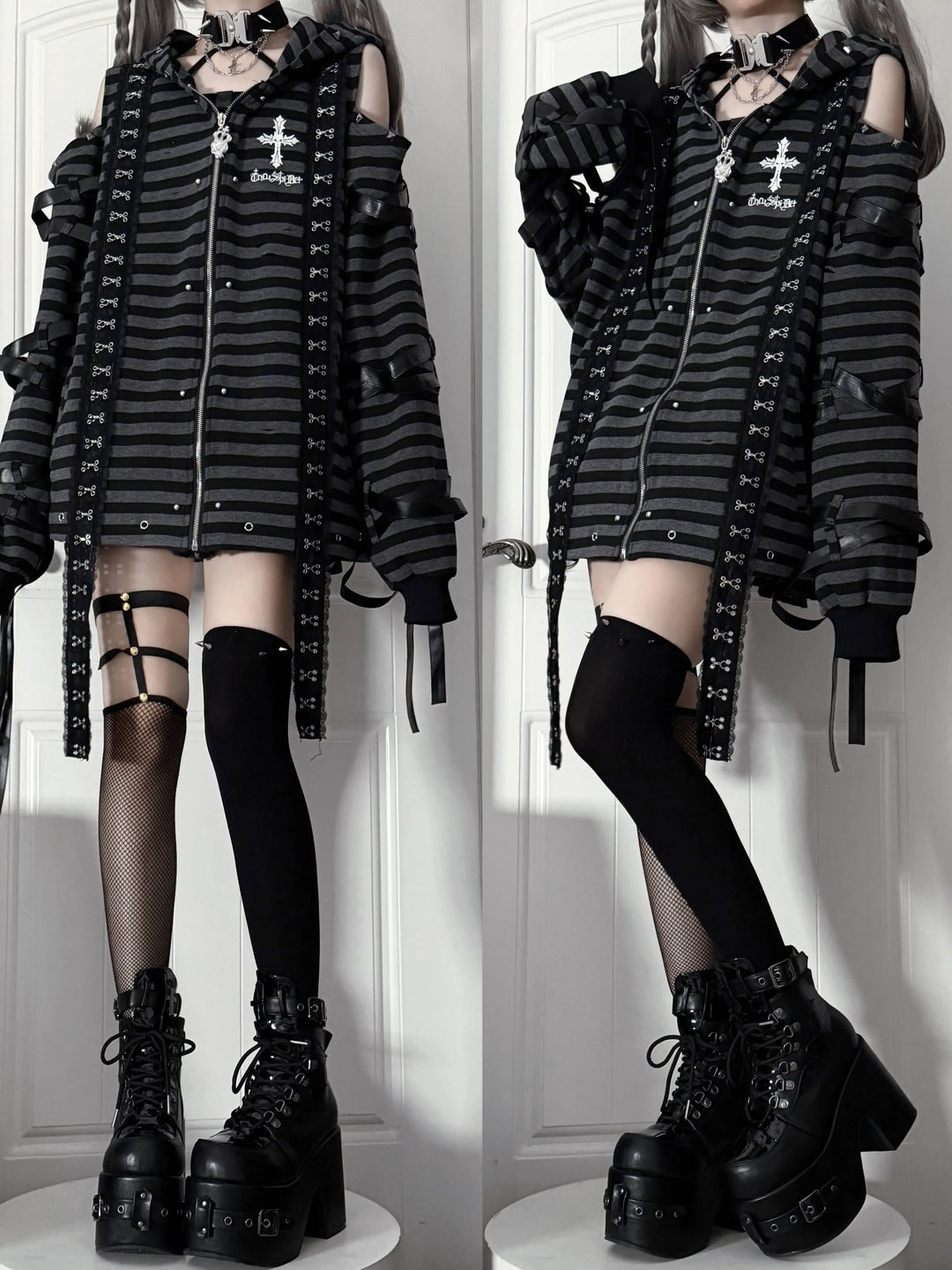 Gothic Open-Shoulder Hoodie Jacket with Devil Horns 46063:875369