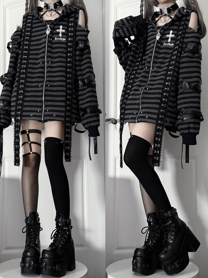 Gothic Open-Shoulder Hoodie Jacket with Devil Horns 46063:875369
