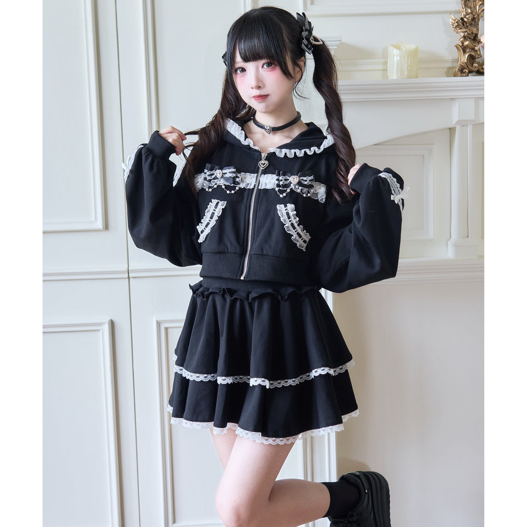 Sport Jirai Kei Hoodie Jacket Pants and Skirt with Lace Detail (Black / L) 42521:743624