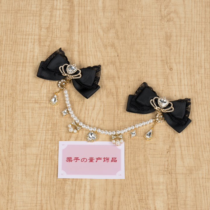 Jirai Kei Bow Hair Clips, Rhinestone Crown and Pearl Chain 44194:802727