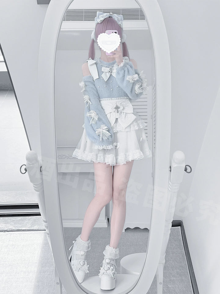 Jirai Kei Open-Shoulder Sweater, High-Waist Cross Skirt 44377:807429