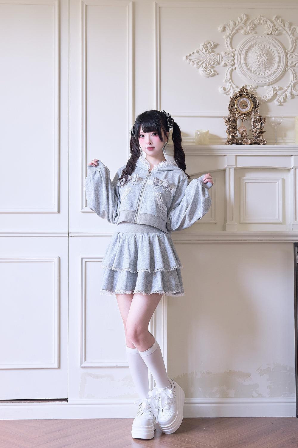 Sport Jirai Kei Hoodie Jacket Pants and Skirt with Lace Detail (Gray / L M) 42521:743641