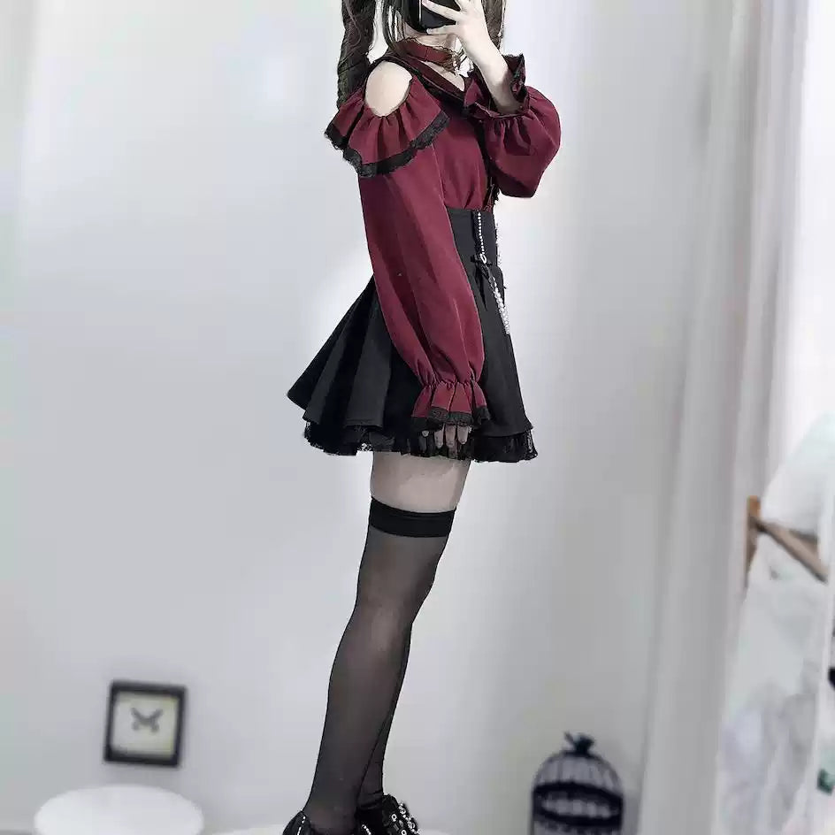 Jirai Kei Open-shoulder Blouse Black Skirt With Peal Chain 42164:734107