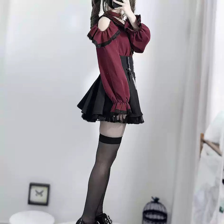 Jirai Kei Open-shoulder Blouse Black Skirt With Peal Chain 42164:734107