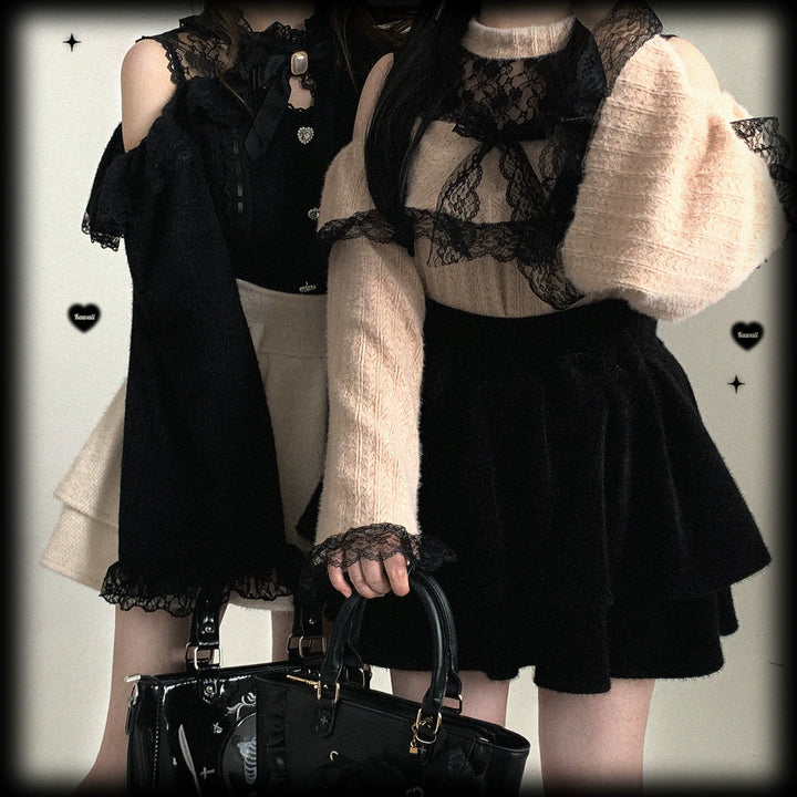 Soft Plush Ryousangata Sweater, Lace Details 44470:810438