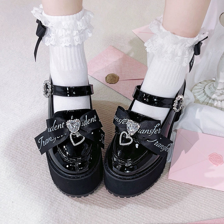 Jirai Kei Shoes Rhinestone Bow Platform Shoes With Shoe Clip 38042:594440