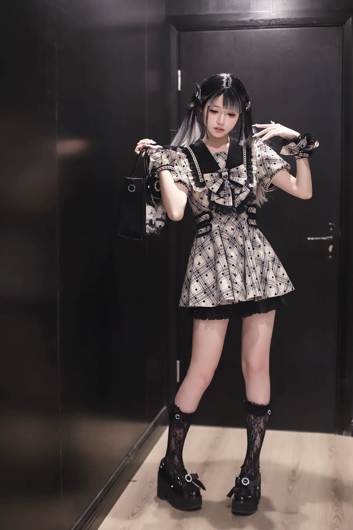 Cotton Lining Jirai Kei Dress, Plaid & Polka Dot Style 44924:829895
