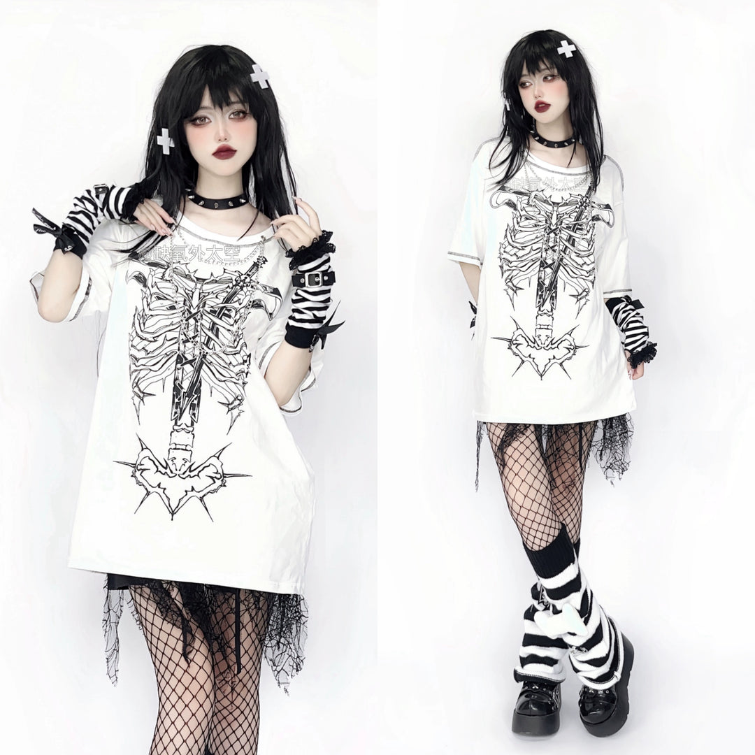 Gothic T-shirt Punk Ribbone Print Top Drop-Shoulder Shirt 39132:614684