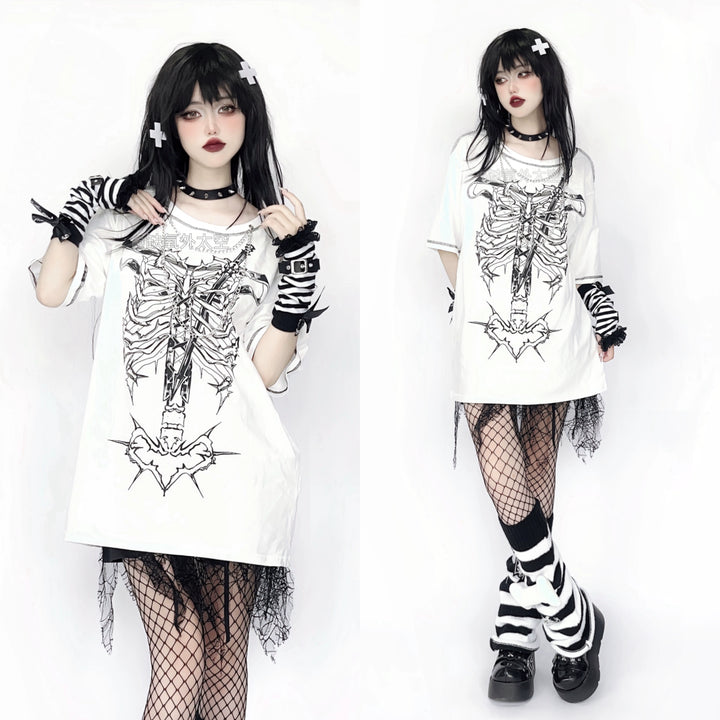 Gothic T-shirt Punk Ribbone Print Top Drop-Shoulder Shirt 39132:614684