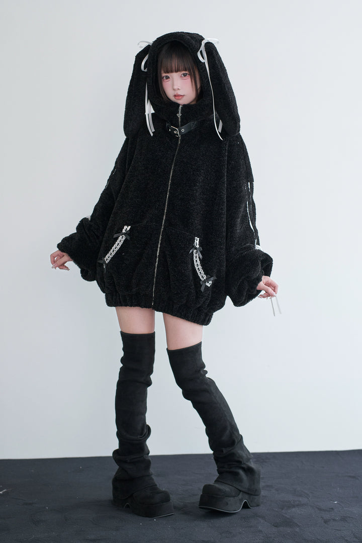 Daily Style Black Winter Coat, Bunny Ear Hood 44326:805277