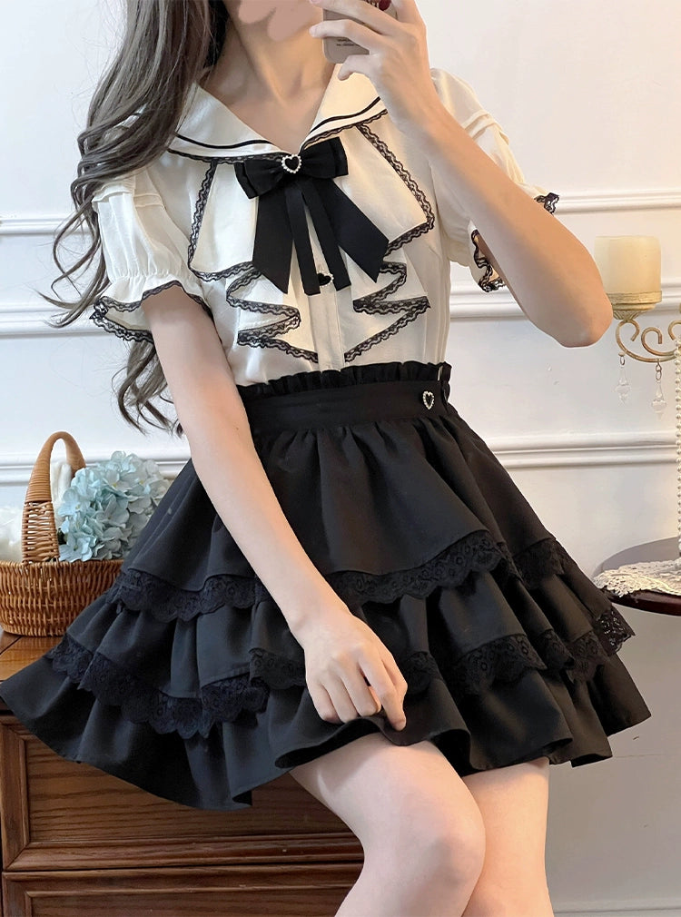 Jirai Kei Sailor Collar Blouse + Tiered Ruffles Skirt (L M S XL) 38158:580850