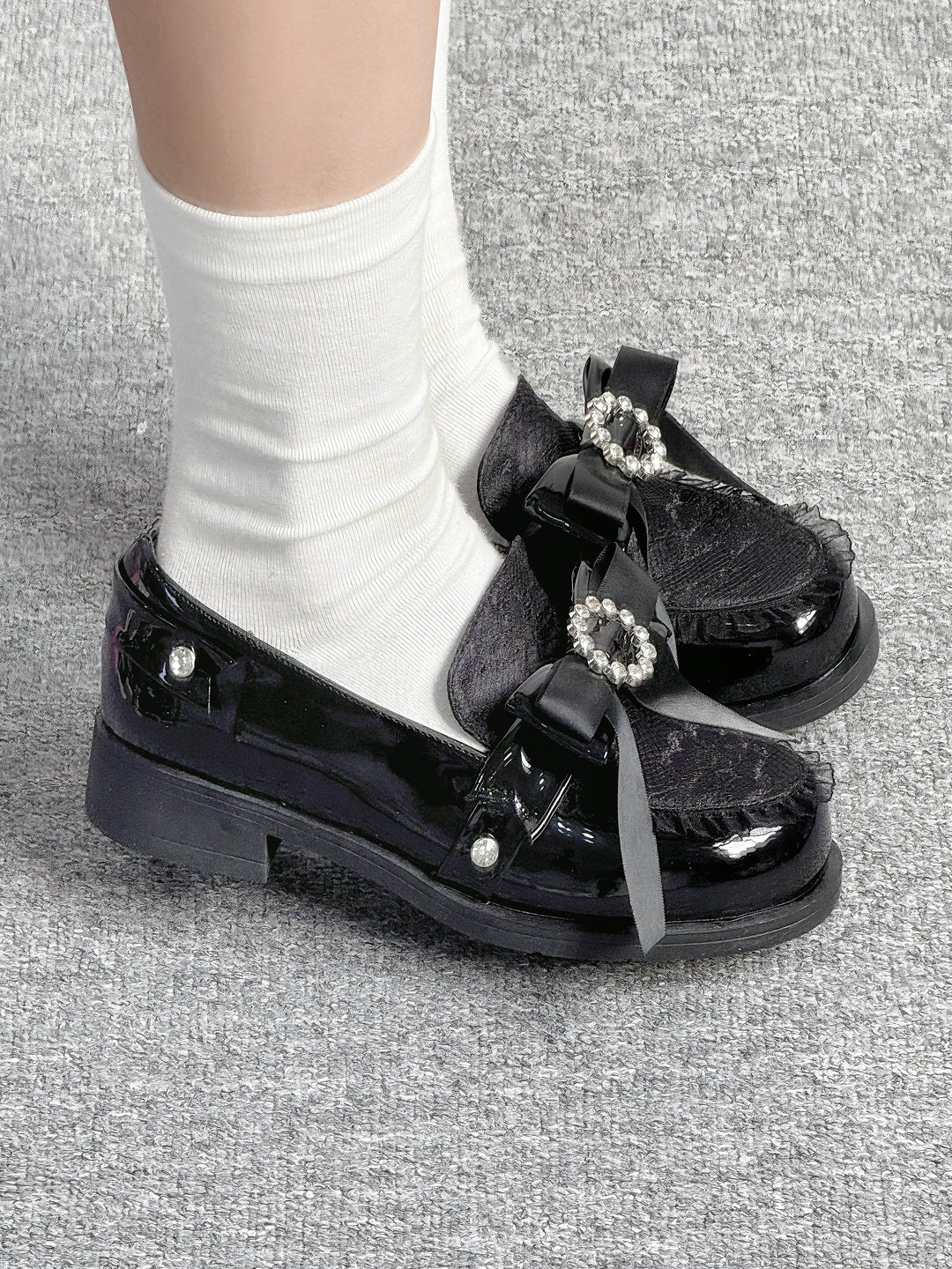 Jirai Kei Low-heeled Shoes with Round Rhinestone Bow 42708:749929