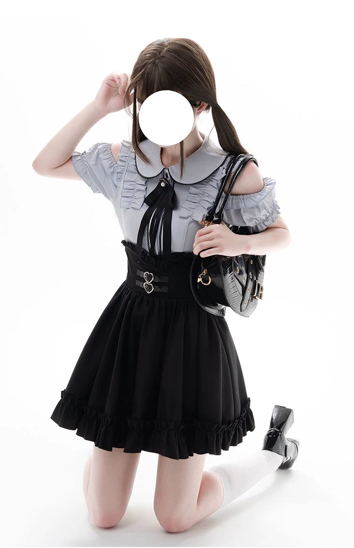 Jirai Kei Blue Open Shoulder Blouse, Flounce Hem Skirt 21966:350984