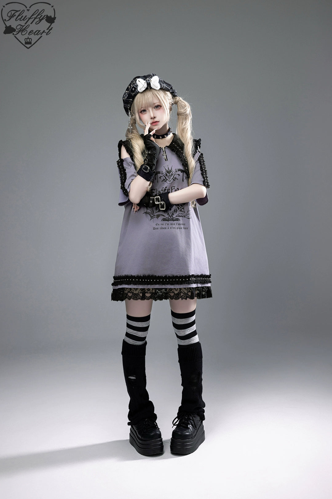 Cotton Sub Jirai Kei T-Shirt Dress, Pointed Collar, Open Shoulder 43373:774833