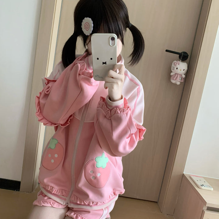 Kawaii Pink Coat and Shorts Set with Strawberry Embroidery 42703:749876