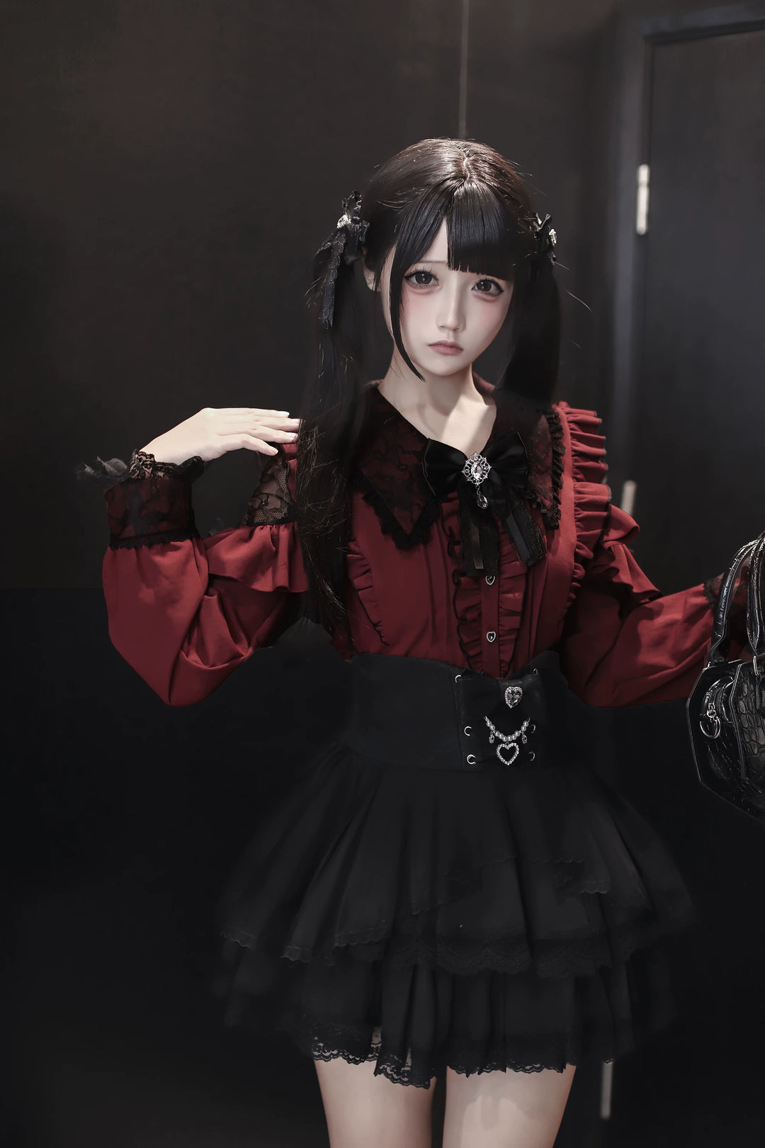 Jirai Kei Long Sleeve Blouse, Lace Overlay and Heart Buttons 44589:815157