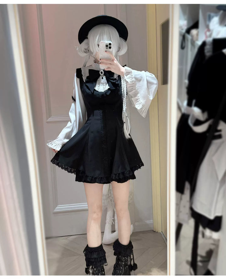 Flared Sleeves Jirai Kei Dress, Rhinestone Bow 44951:831291