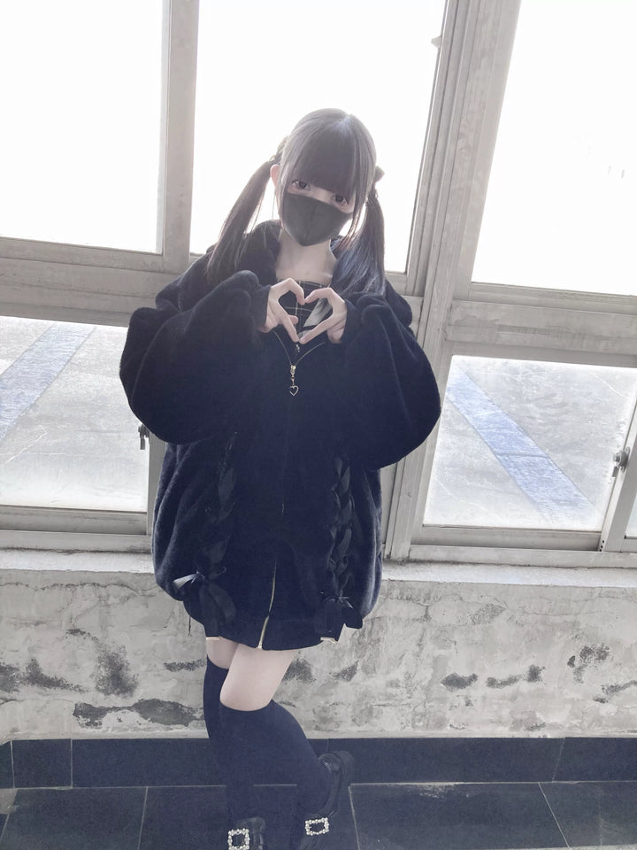 Jirai Kei Winter Coat Black Hooded Bunny Ears Fleece Coat 39524:626754