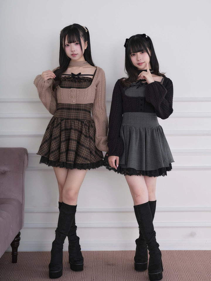 Ryousangata Plaid Dress & Knit Sweater Set, Choker-Neck 46032:873333