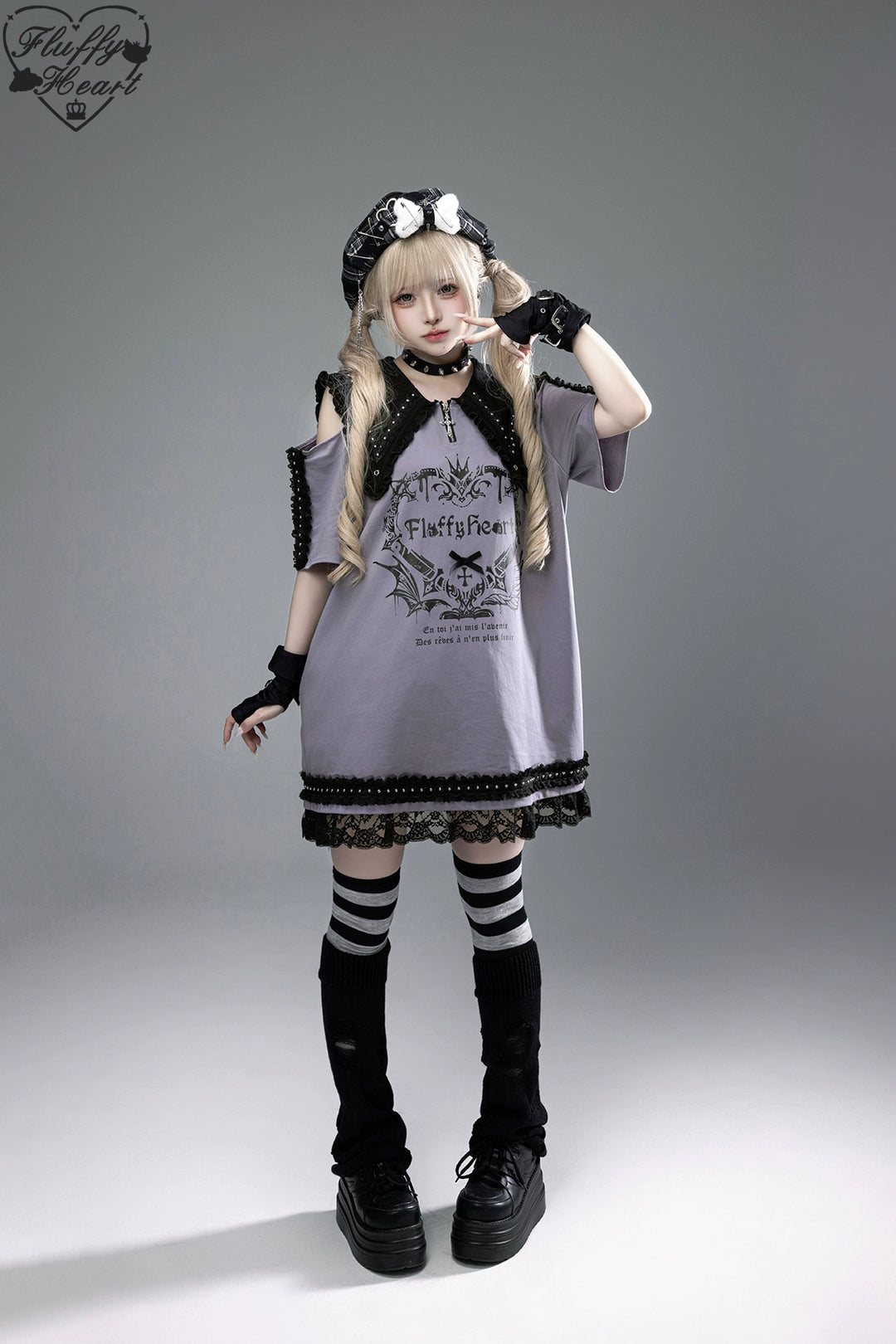 Cotton Sub Jirai Kei T-Shirt Dress, Pointed Collar, Open Shoulder 43373:774834
