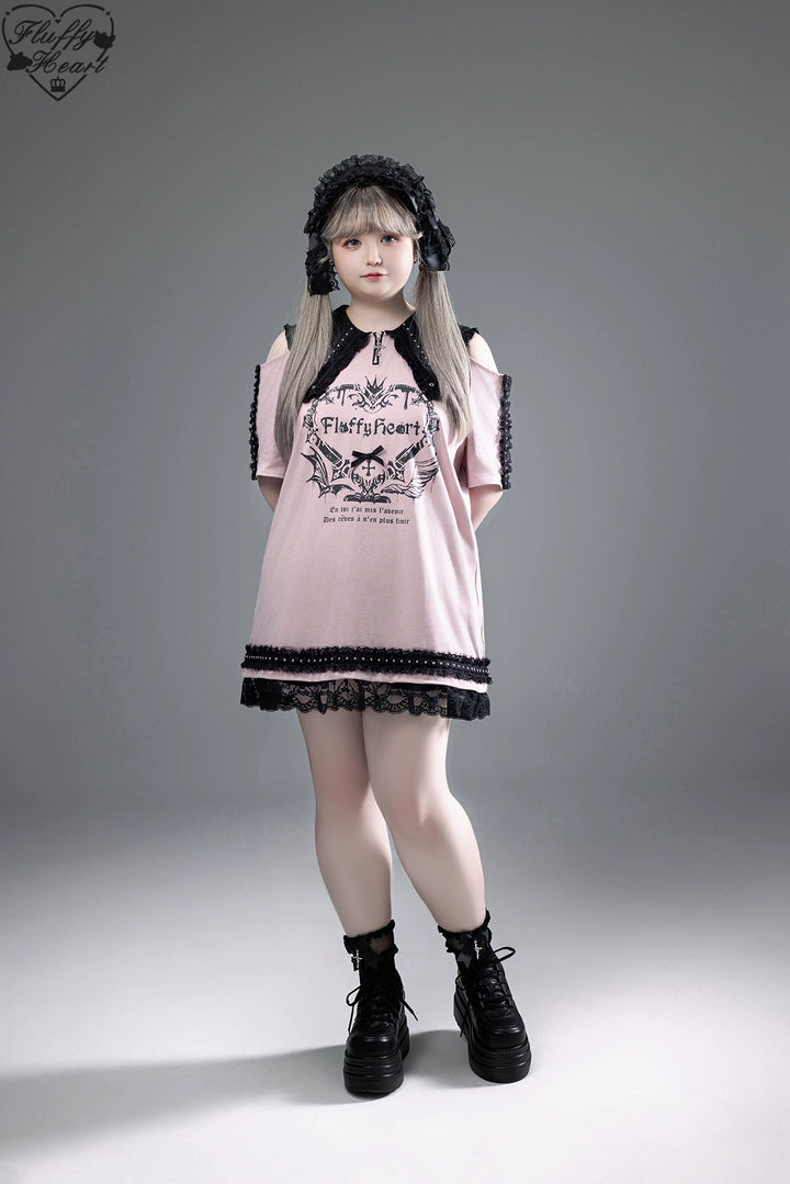 Cotton Sub Jirai Kei T-Shirt Dress, Pointed Collar, Open Shoulder 43373:774846