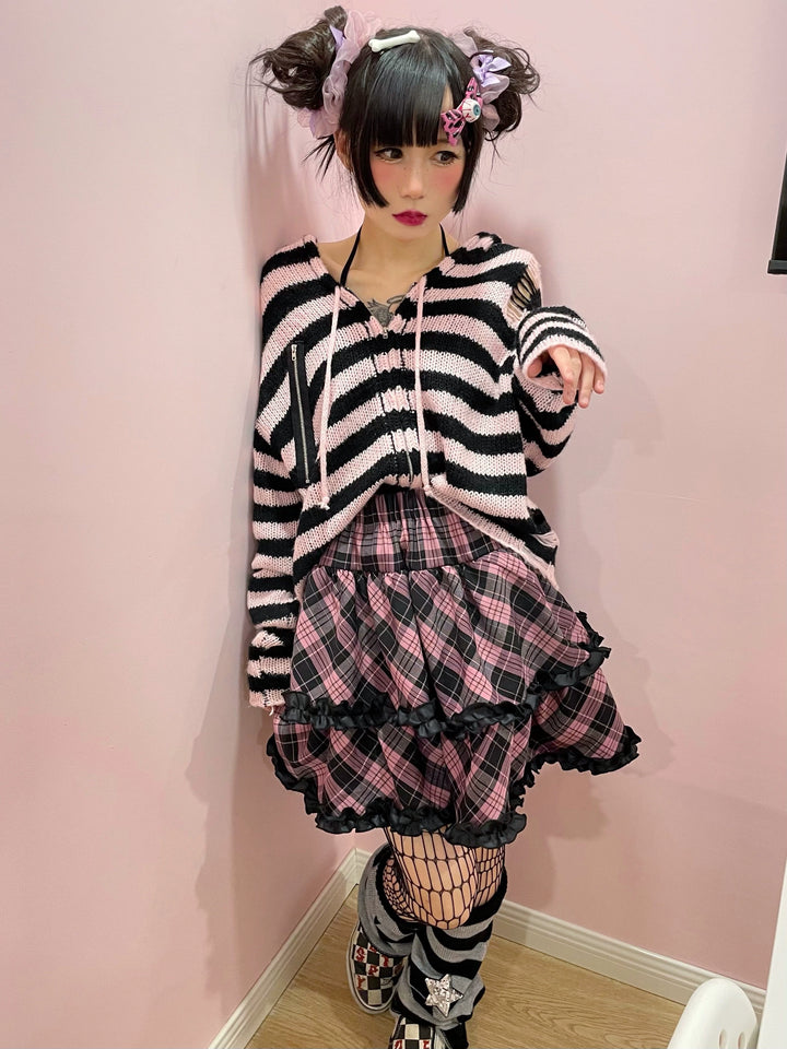 Punk Plaid Skirt Pink Blue Skirt Bow Layered Ruffle Skirt 33818:445940 33818:445940