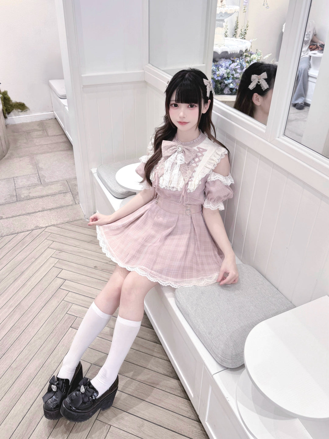 Pink Ryousangata Dress, Lace Trim & Square Rhinestone Bow 43193:770344