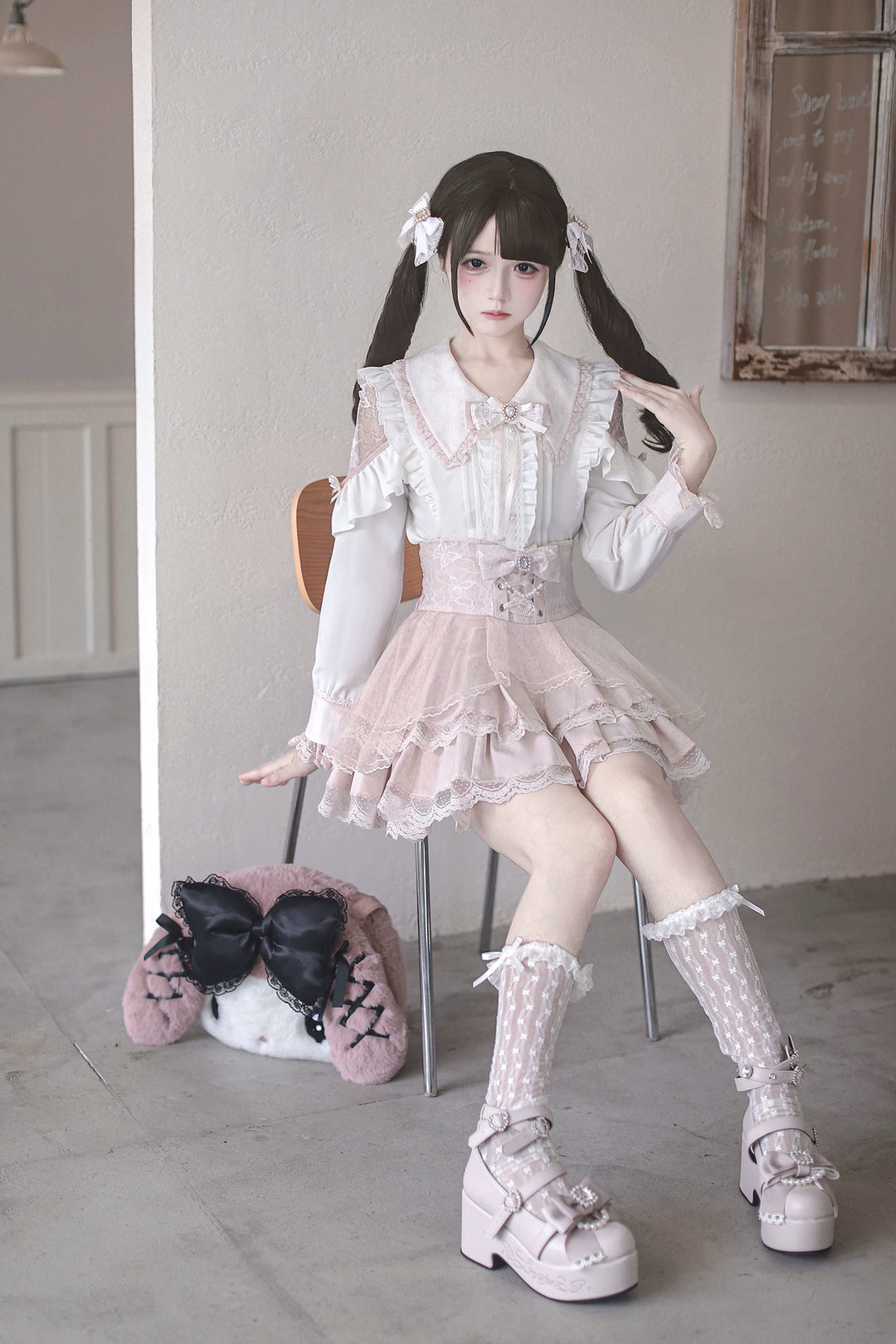 Jirai Kei Tiered Tuffles Skirt, Elastic High-Waist 44587:814576