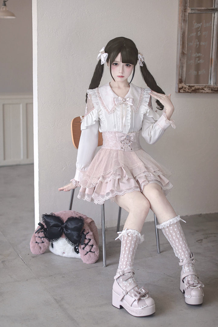 Jirai Kei Long Sleeve Blouse, Lace Open-Shoulder 44588:815042