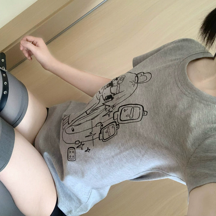 Gray Yami Kawaii T-Shirt With Anime Sick Girl Print 42898:757206