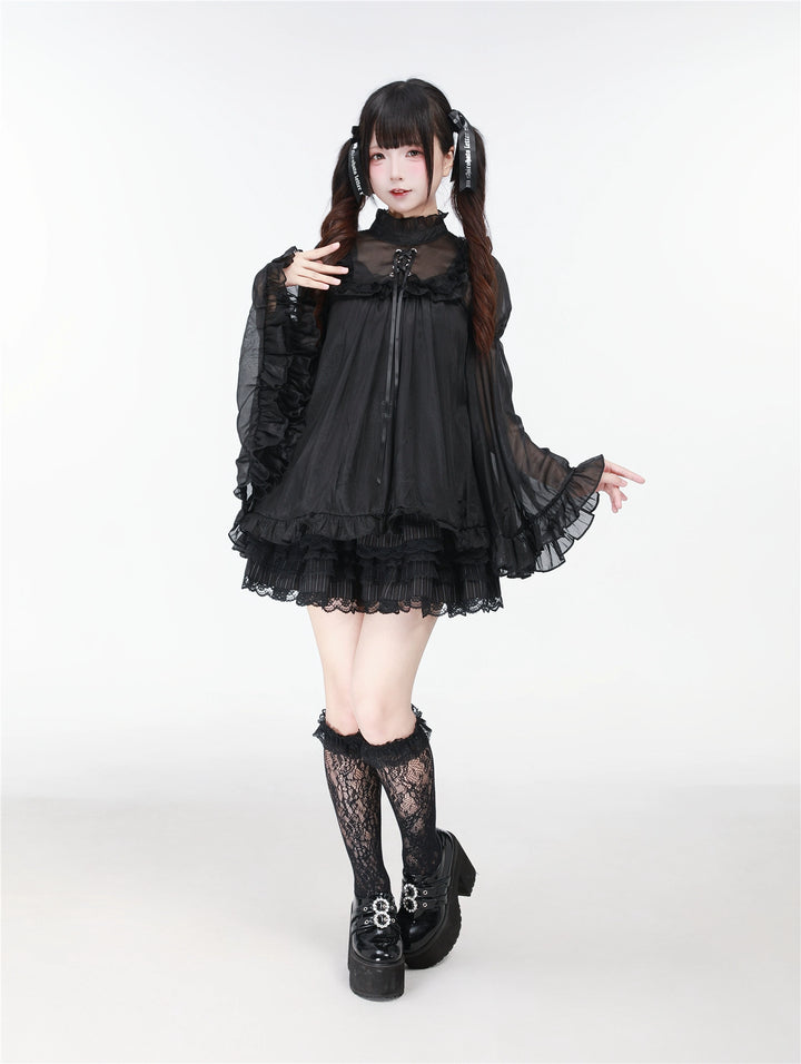 Black/White Jirai Kei Jumper Dress & Hime-Sleeved Sheer Blouse (L M S XS) 43326:773596