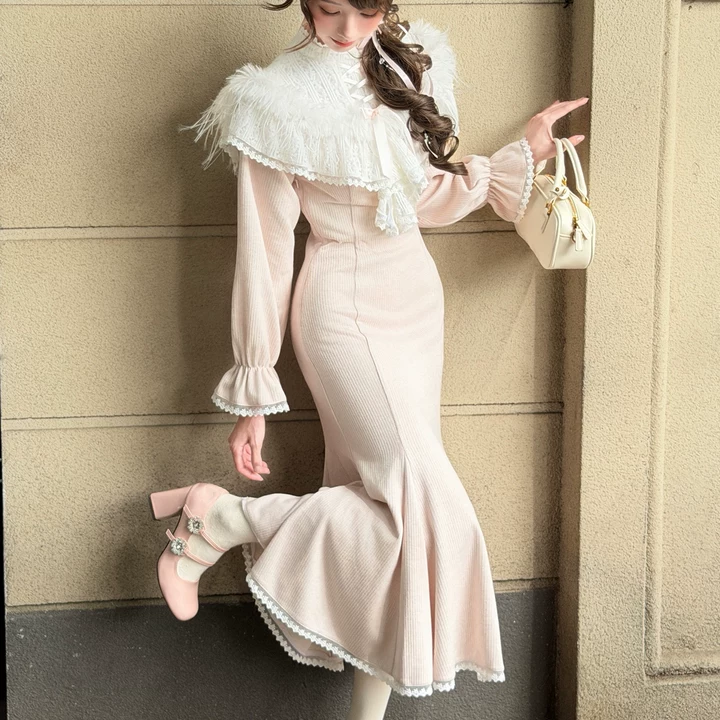 Seiso Kei Elegant Dress, Pink and White Knit (L M S) 44113:796879