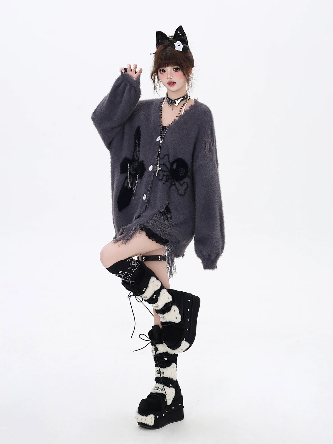 Jirai Kei Sweater Irregular Hem Cardigan With Striped Scarf 40922:680446