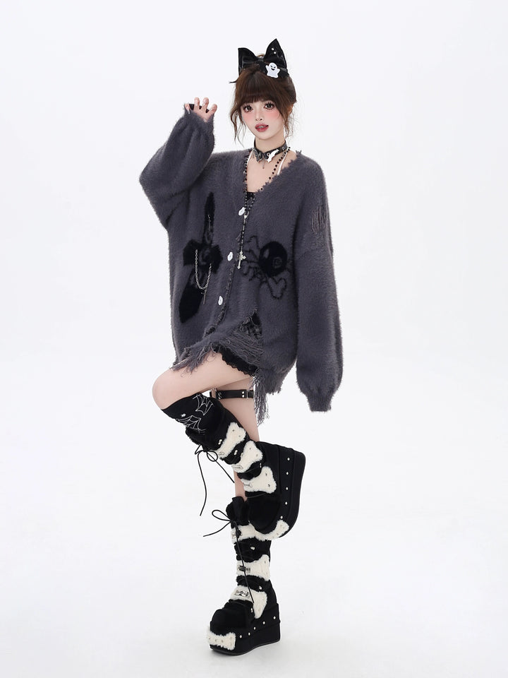 Jirai Kei Sweater Irregular Hem Cardigan With Striped Scarf 40922:680446