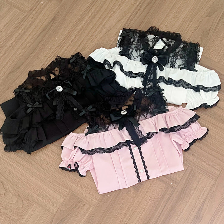 Jirai Kei Blouse with Hallow-out Upper & Rhinestone Bow Tie 42893:757157