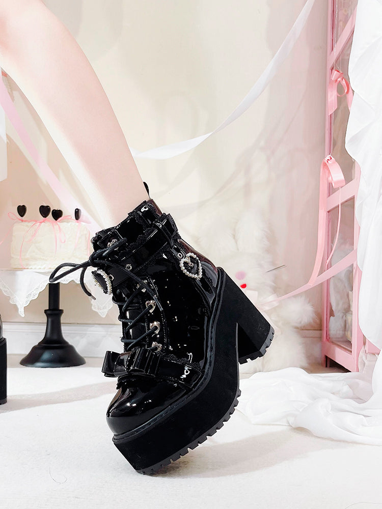 Jirai Kei Shoes Ankle Boots with Heart-shaped Pearl Buckle Detail 42651:748988