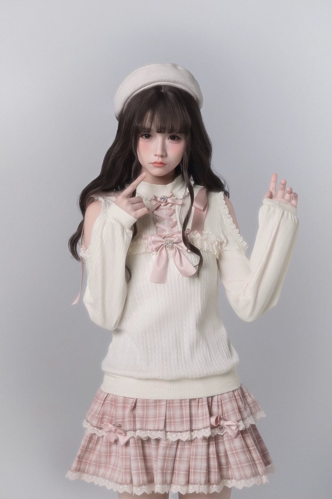 Ryousangata Open-Shoulder Sweater, Tiered Plaid Skirt 44776:824074