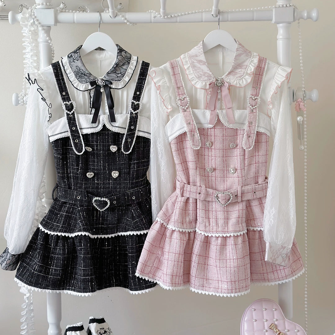 Tweed-like Jirai Kei Suspender Skirt, Matching Shorts 44178:799985