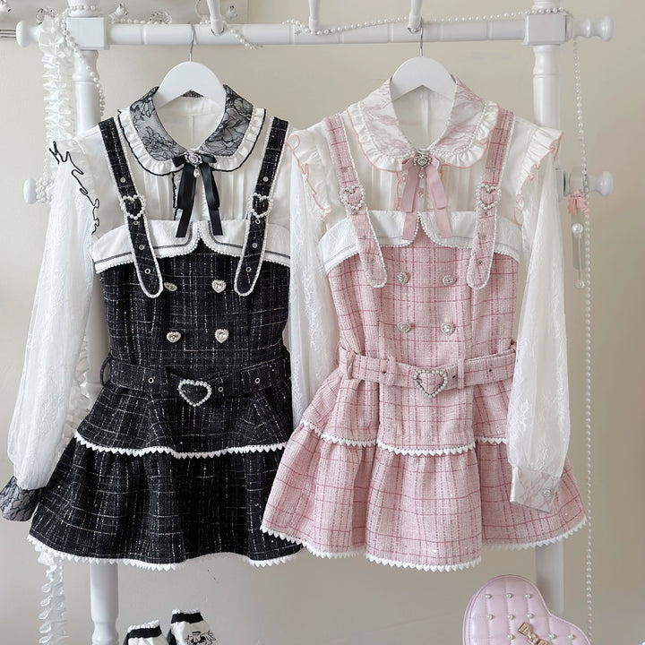 Tweed-like Jirai Kei Suspender Skirt, Matching Shorts 44178:799985