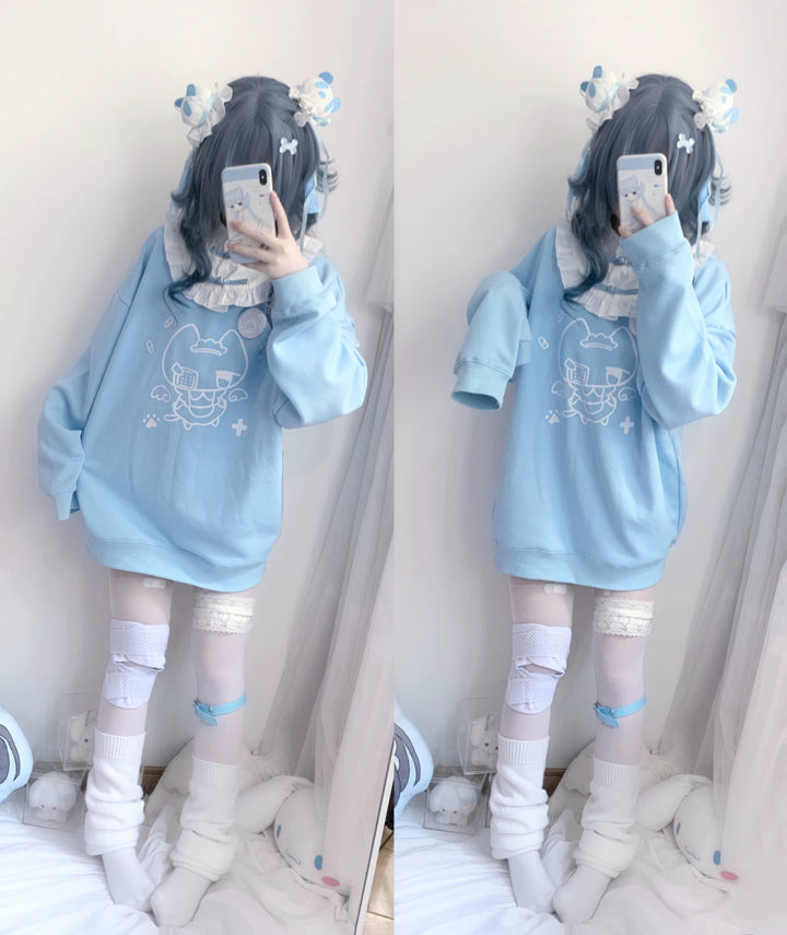 Jirai Kei Sweatshirt Cat Print Chinese Knot Button Top 29252:353894