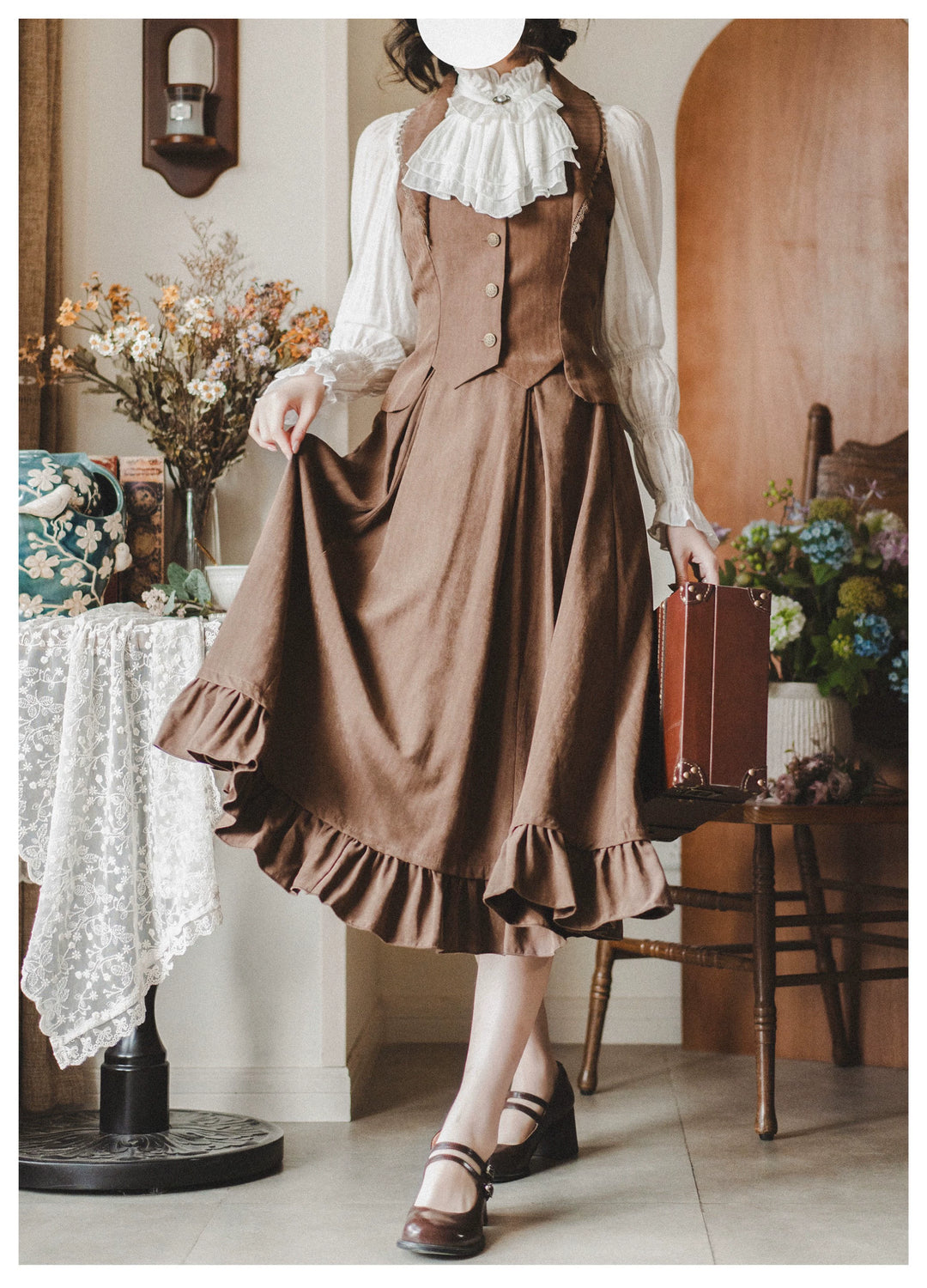 Classic Lolita A-Line Skirt + Button-Front Vest + White Blouse 40944:770405