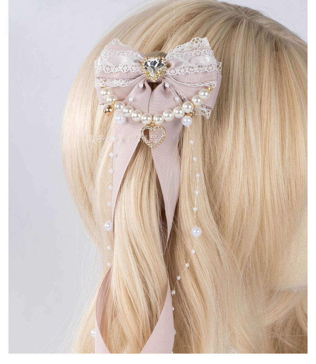 Jirai Kei Bow Hair Clip, Heart Rhinestone, Pearl Chain, Lace Trim 43501:778541