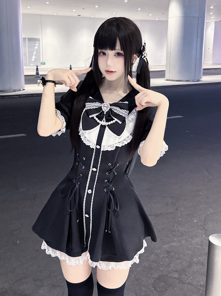 Jirai Kei Dress With Lace-Up Waist & Pocketed Shorts 43005:761709