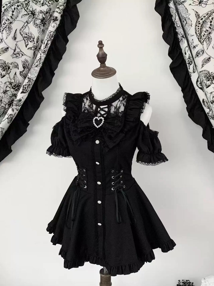 Jirai Kei Pure & Striped Black Dress, Open Shoulder (L M S XL) 44960:831991