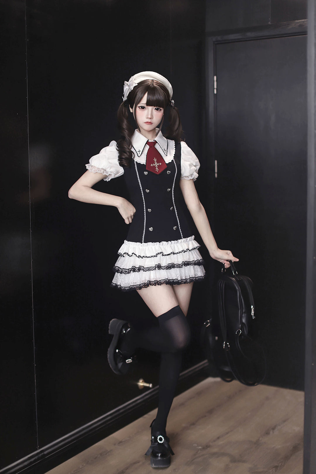 Preppy Style Low-Waist Dress Set, Cross Embroidery 44746:823807